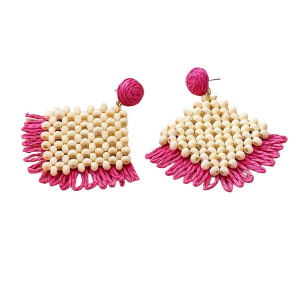 Pink Rhombus Shape Raffia Beaded Earrings